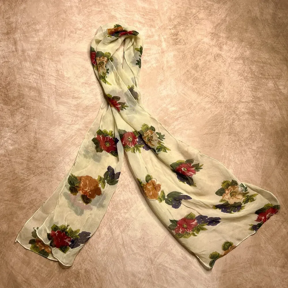 Vintage 90s Berkshire Floral Mesh Scarf Neckerchief Ascot Sheer Retro Mod Boho
